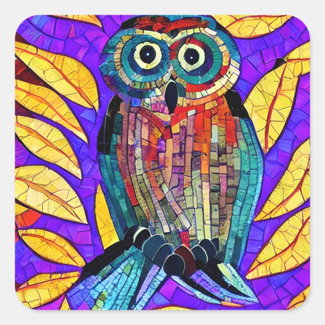 Colorful Whimsical Mosaic Owl Art Square Sticker (Front)