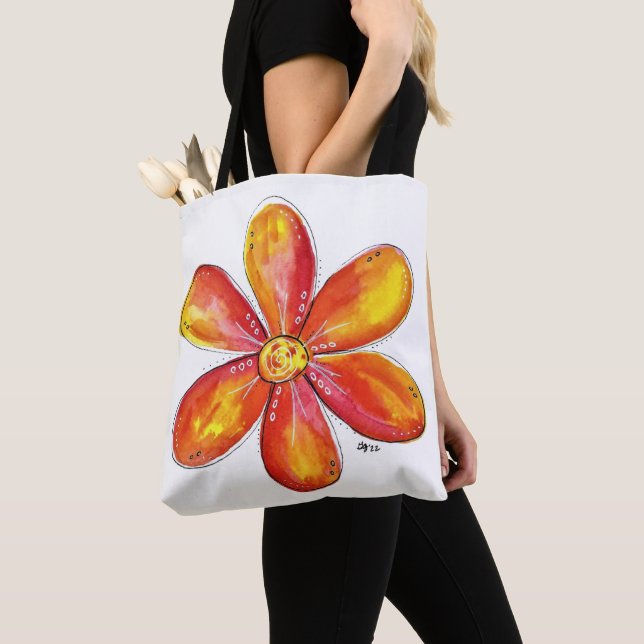 Colorful Whimsical Orange and Yellow Flower Tote Bag (Close Up)
