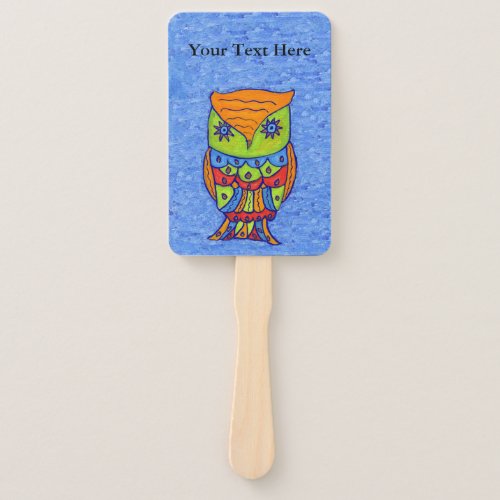 Colorful Whimsical Owl Star eyes on Shades of Blue Hand Fan