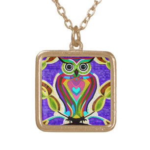 Colorful Whimsical Owl with Heart Gold Plated Necklace