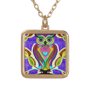 Colorful Whimsical  Owl with Heart Gold Plated Necklace