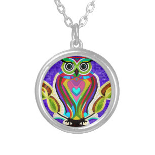 Colorful Whimsical  Owl with Heart Silver Plated Necklace
