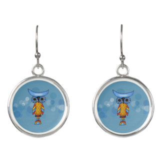 Colorful Whimsical Owls Big Blue Eyes Blue Circles Earrings