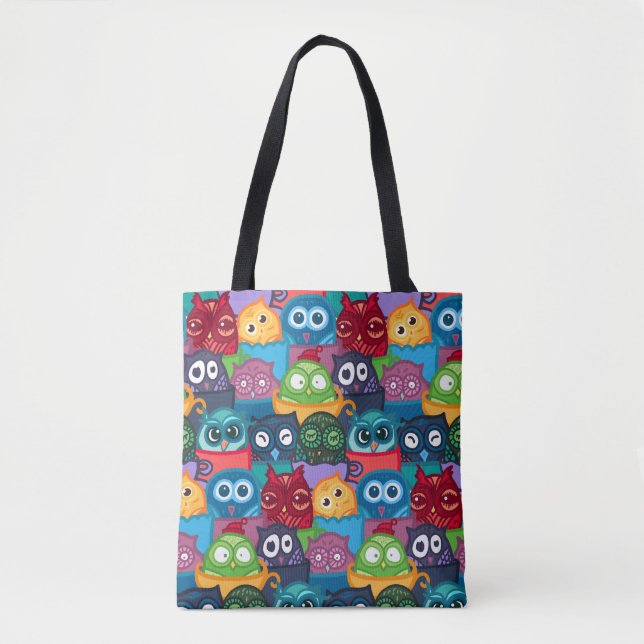 Colorful Whimsical Peekaboo Owls Tote Bag (Front)