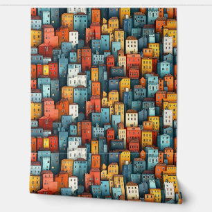 Colorful Whimsical Playful Cubistic Town Wallpaper