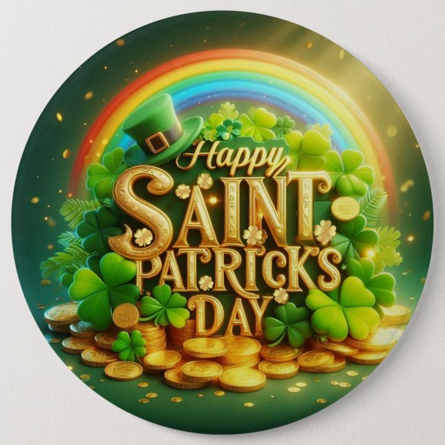 Colorful, whimsical Rainbow Saint Patrick's Day Button (Front)