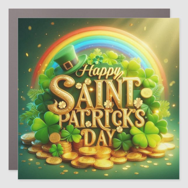 Colorful, whimsical Rainbow Saint Patrick's Day Car Magnet (Front)