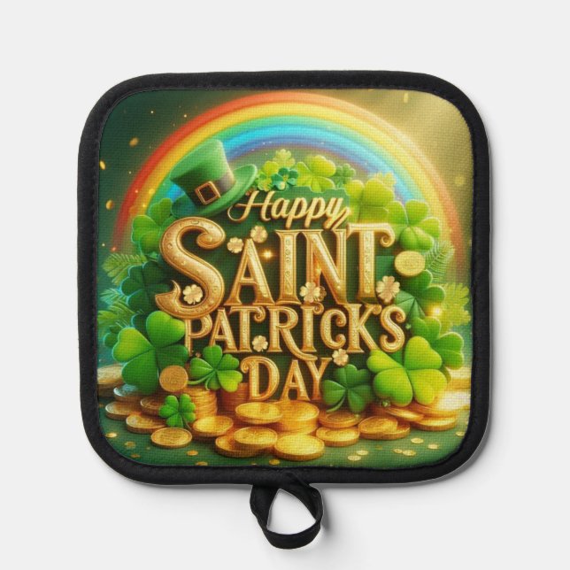 Colorful, whimsical Rainbow Saint Patrick's Day Pot Holder (Front)
