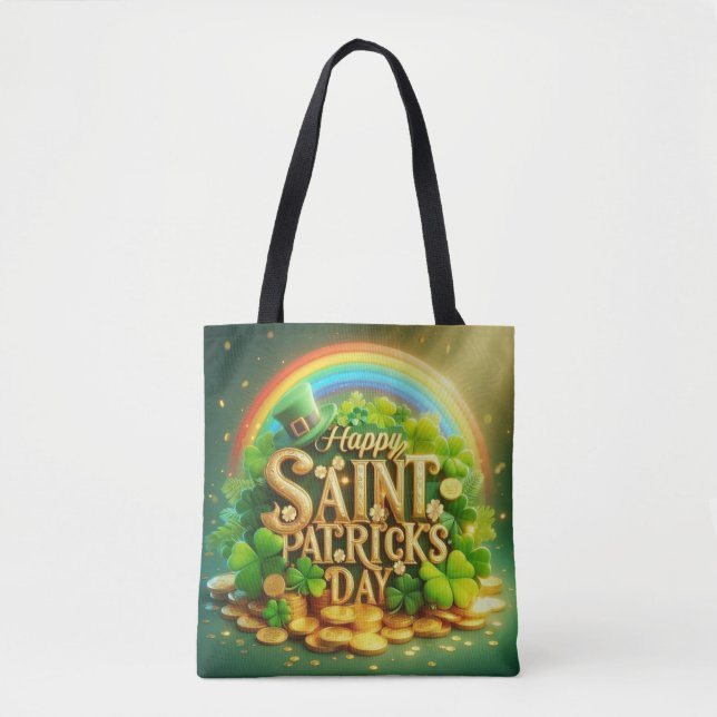 Colorful, whimsical Rainbow Saint Patrick's Day Tote Bag (Front)