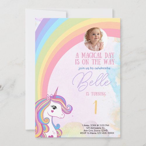 Colorful Whimsical Rainbow Unicorn Birthday Party Invitation