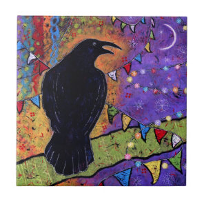 Colorful Whimsical Raven Laughing  Ceramic Tile