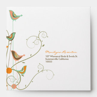 Colorful Whimsical Summer Birds and Swirls Wedding Envelope