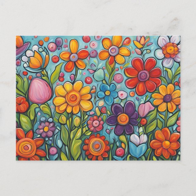 Colorful Whimsical Summer Flowers  Postcard (Front)