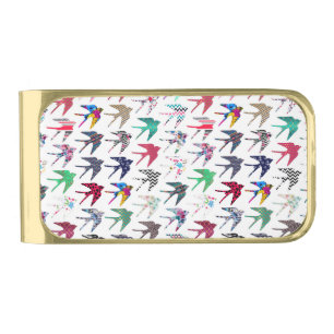 Colorful whimsical swallow birds pattern gold finish money clip
