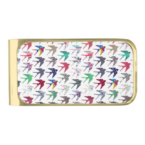 Colorful whimsical  swallow birds pattern gold finish money clip