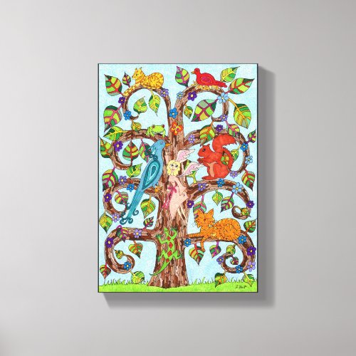 Colorful Whimsical Tree Fairy Cute Animal Drawing Canvas Print