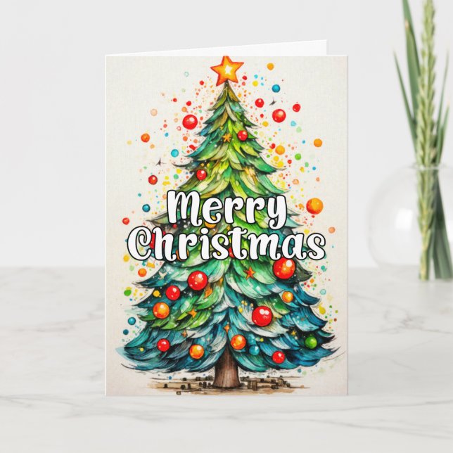 Colorful Whimsical Tree Merry Christmas Holiday Card (Front)