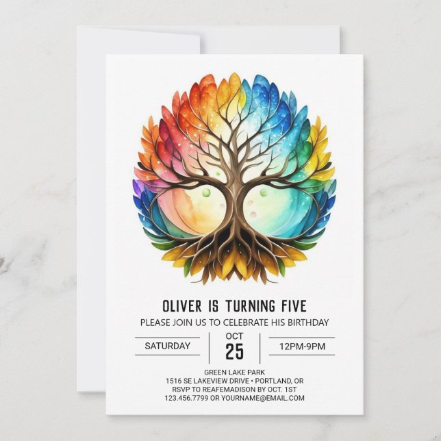 Colorful Whimsical Tree of Life Birthday Invitation (Front)