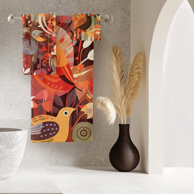 Colorful Whimsical Tropical Bird Bath Towel Set (A colorful fantasy bathroom towel set featuring an abstract artistic design with tropical birds)