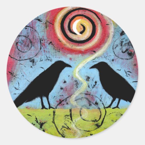 Colorful whimsical two ravens sitting sticker