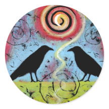 Colorful, whimsical two ravens sitting sticker