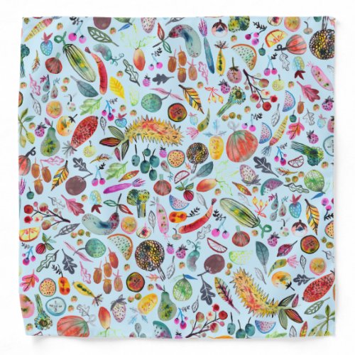 Colorful Whimsical Watercolor Fruits Veggies Bandana