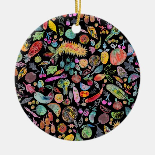 Colorful Whimsical Watercolor Fruits Veggies Black Ceramic Ornament
