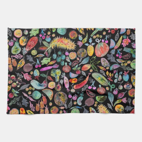 Colorful Whimsical Watercolor Fruits Veggies Black Kitchen Towel