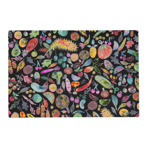 Colorful Whimsical Watercolor Fruits Veggies Black Placemat