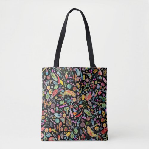 Colorful Whimsical Watercolor Fruits Veggies Black Tote Bag