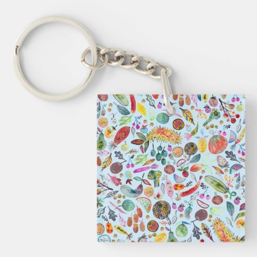 Colorful Whimsical Watercolor Fruits Veggies Blue Keychain