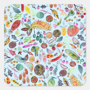 Colorful Whimsical Watercolor Fruits Veggies Blue Square Sticker