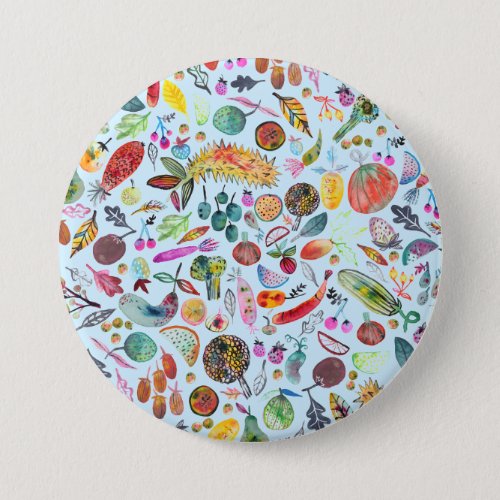 Colorful Whimsical Watercolor Fruits Veggies Button