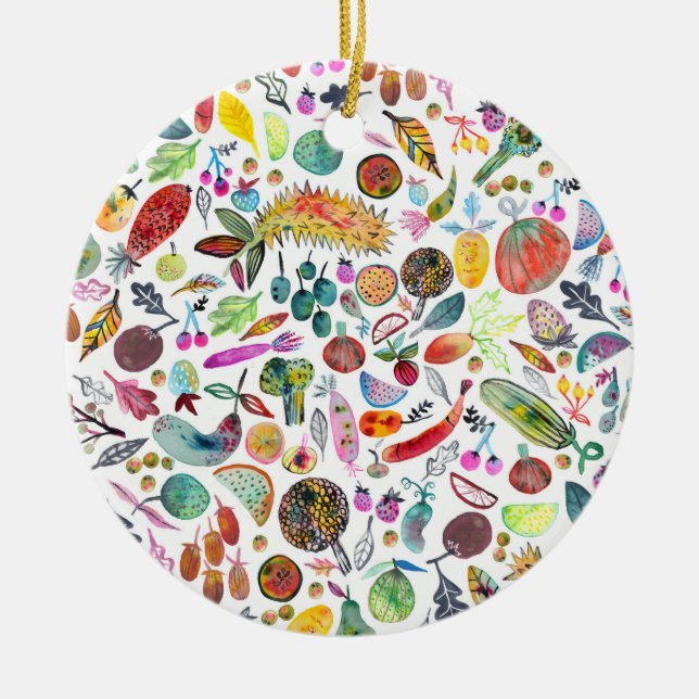 Colorful Whimsical Watercolor Fruits Veggies Ceramic Ornament (Front)