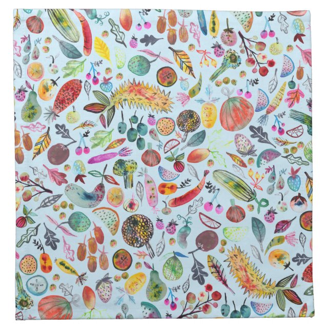 Colorful Whimsical Watercolor Fruits Veggies Cloth Napkin (Front)