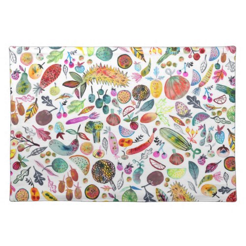 Colorful Whimsical Watercolor Fruits Veggies Cloth Placemat