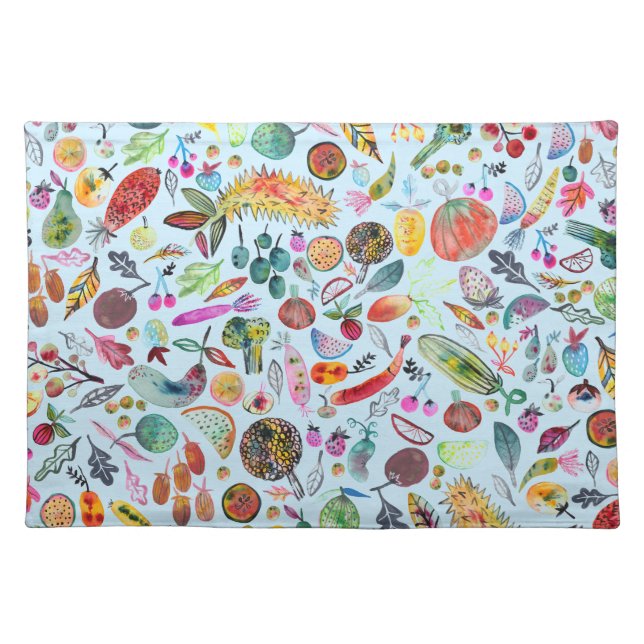 Colorful Whimsical Watercolor Fruits Veggies Cloth Placemat (Front)
