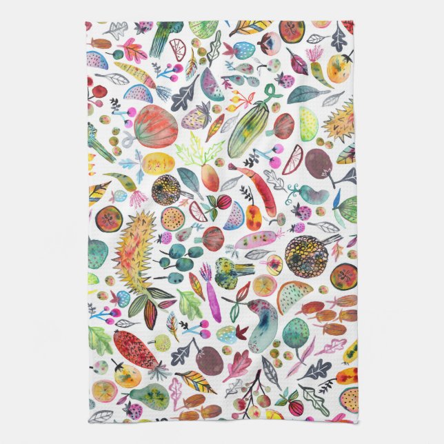Colorful Whimsical Watercolor Fruits Veggies Kitchen Towel (Vertical)