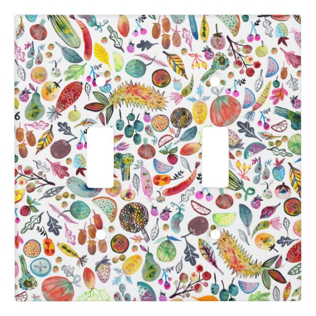 Colorful Whimsical Watercolor Fruits Veggies Light Switch Cover (Front)