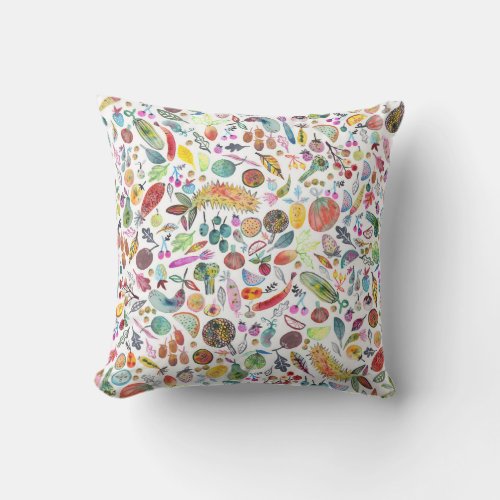 Colorful Whimsical Watercolor Fruits Veggies Outdoor Pillow