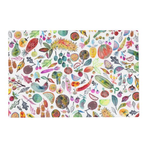 Colorful Whimsical Watercolor Fruits Veggies Placemat