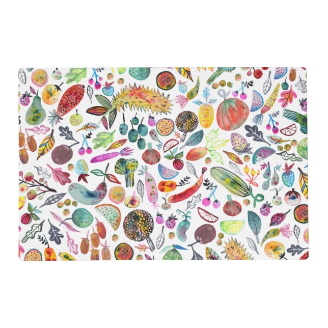 Colorful Whimsical Watercolor Fruits Veggies Placemat (Front)