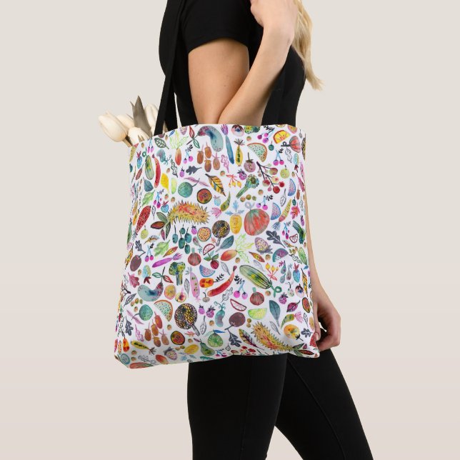 Colorful Whimsical Watercolor Fruits Veggies Tote Bag (Close Up)