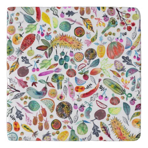 Colorful Whimsical Watercolor Fruits Veggies Trivet