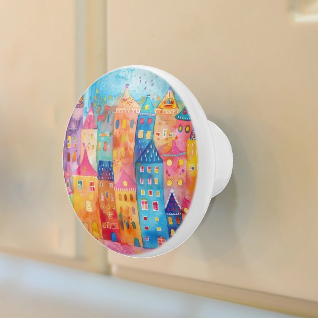 Colorful Whimsical Watercolor Townscape Ceramic Knob (Creator Uploaded)