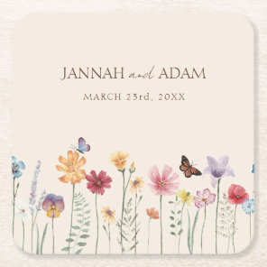 Colorful Whimsical Wildflower Wedding Square Paper Coaster