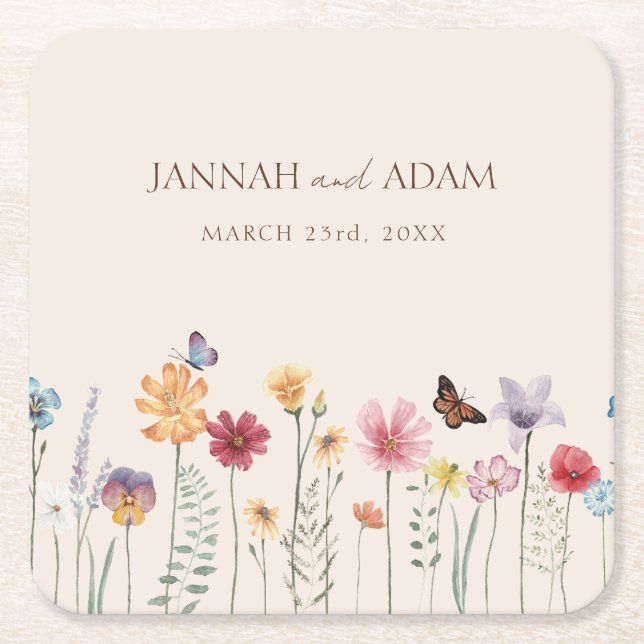 Colorful Whimsical Wildflower Wedding Square Paper Coaster (Front)