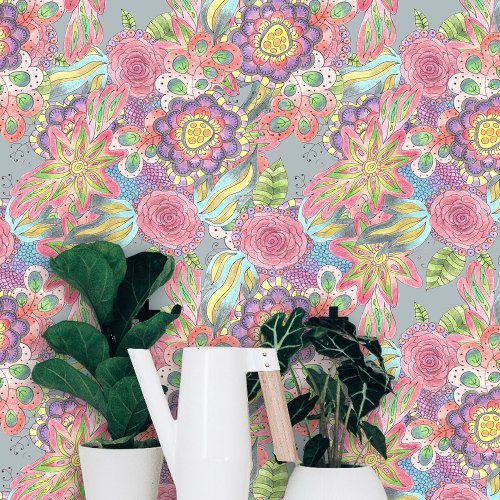 Colorful Whimsy Boho Chic Hand_Drawn Florals Wallpaper