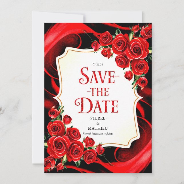 Colorful Whimsy Crimson Red Roses Wedding Save The Date (Front)