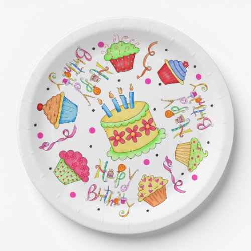 Colorful White Cupcakes and Cake Happy Birthday Paper Plates